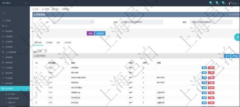 項目管理軟件會計管理模塊套賬明細查詢還可以關聯查詢更多相關資料,比如會計科目配置:科目編碼、科目描述、科目類型、序號及適用范圍。