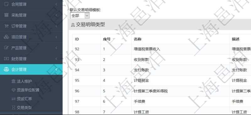 項目管理軟件會計管理模塊交易明細類型查詢還可以關聯查詢更多相關資料,比如子交易明細類型:序號、子交易明細類型名稱、描述、默認交易明細模板。