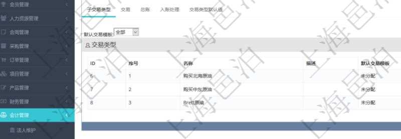 項目管理軟件會計管理模塊交易類型查詢還可以關聯查詢更多相關資料,比如子交易類型:序號、子交易類型名稱、描述、默認交易模板。