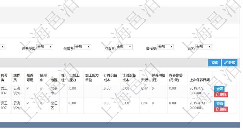 對于設備類型的資產,在項目管理軟件資產管理系統中查詢資產配置信息,不僅返回資產配置的基本信息字段,還會返回設備配置信息:單位、部門、團隊、工廠、名稱、描述、設備類型、創建時間、創建者、擁有者、操作員、是否可用、使用中、地區、地址、日加工能力、加工能力單位、計件設備成本、計時設備成本、資源、保養周期(月)、保養預警(月.天)、上次保養日期。
