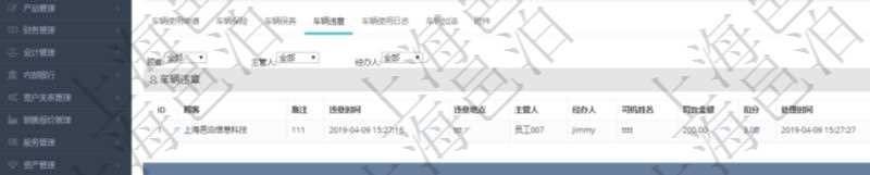 在項目管理軟件車輛管理系統查詢車輛信息還會返回關聯的車輛違章信息:備注、違章時間、違章地點、主管人、經辦人、司機姓名、罰款金額、扣分、處理時間、是否處理完畢。