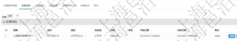 在項目管理軟件車輛管理系統查詢車輛信息還會返回關聯的車輛保險信息:名稱、描述、供應商、價格、類型、開始日期、結束日期、備注。