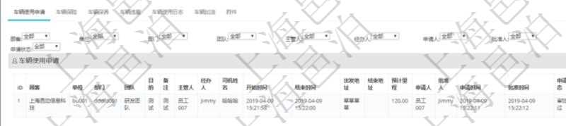 在項目管理軟件車輛管理系統查詢車輛信息還會返回關聯的車輛使用申請記錄:單位、部門、團隊、目的、備注、主管人、經辦人、司機姓名、開始時間、結束時間、出發地址、結束地址、預計里程、申請人、批準人、申請時間、批準時間、申請狀態。