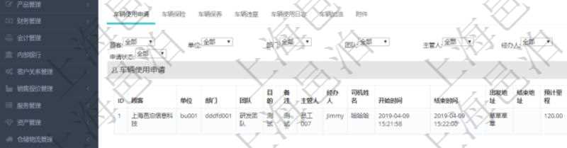 在項目管理軟件車輛管理系統查詢車輛信息還會返回關聯的車輛使用申請記錄:單位、部門、團隊、目的、備注、主管人、經辦人、司機姓名、開始時間、結束時間、出發地址、結束地址、預計里程、申請人、批準人、申請時間、批準時間、申請狀態。