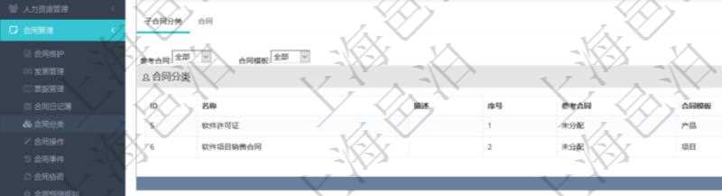 項目管理軟件合同管理模塊合同分類明細查詢還可以關聯查詢更多相關資料,比如子合同分類:子合同分類名稱、描述、序號、參考合同、合同模板等。