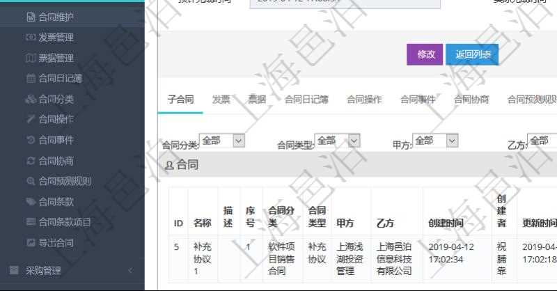 項目管理軟件合同管理模塊合同明細查詢還可以關聯查詢更多相關資料,比如子合同信息:名稱、描述、序號、合同分類、合同類型、甲方、乙方、創建者、更新時間、所有者、關聯任務、關聯項目、發起時間、簽約時間、生效時間、預計完成時間、實際完成時間、完成進度等。