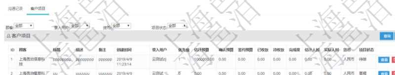 在項目管理軟件CRM客戶關系管理系統中,查詢客戶時除了返回實際客戶信息外,還包括客戶的項目信息:項目標題、項目描述、項目備注、創建時間、錄入用戶、項目優先級、估計預算、確認預算、簽約預算、已收款、待收款、完成度、估計人時、實際人時、貨幣單位、項目狀態。