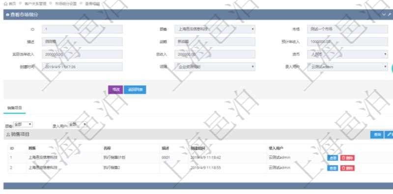 在項目管理軟件CRM客戶關系管理系統里查詢市場細分返回的基本字段信息有:市場、描述、戰略、預計年收入、實際當年收入、總收入、貨幣、創建時間、領域、錄入用戶。同時,還有關聯的明細數據,比如銷售項目:項目名稱、描述、創建時間及錄入用戶。