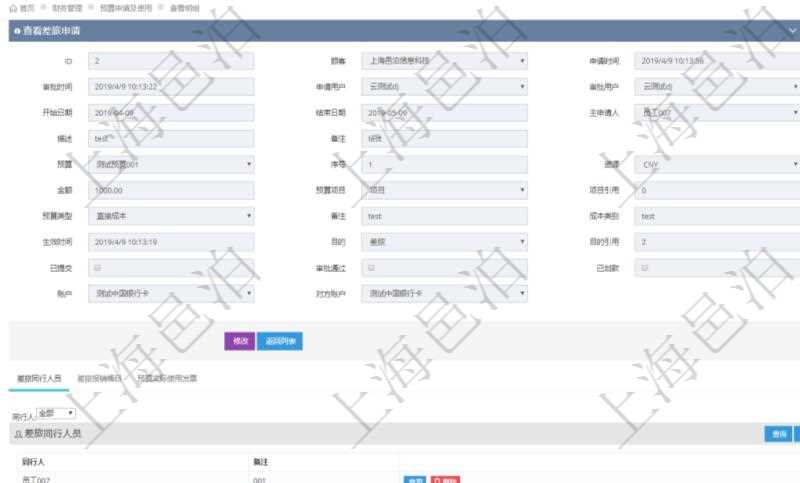 在項目管理軟件財務管理模塊查詢差旅申請明細信息時,返回相關信息:申請時間、審批時間、申請用戶、審批用戶、開始日期、結束日期、主申請人、描述、備注、預算、序號、貨幣單位、金額、預算項目、項目引用、預算類型、備注、成本類別、生效時間、已提交、審批通過、已劃款、賬戶、對方賬戶。同時,在差旅同行人員維護列表可以增減同行人及備注。