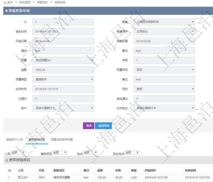 項目管理軟件財務管理模塊差旅申請明細查詢還可以關聯查詢更多相關資料,比如差旅報銷項目:人員、代碼、差旅項目、備注、金額、價格、數量、開始時間、結束時間、地點、到達地點。