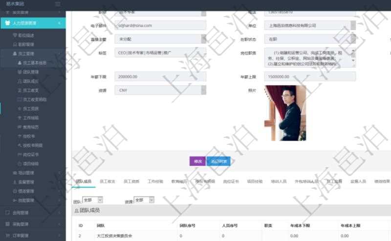 項目管理軟件人力資源管理模塊員工基本信息資料明細查詢除了包括姓名、代碼、描述、財務人、登錄賬戶、工號、性別、生日、入職日期、學歷、崗位、職稱、電話、傳真、電子郵件、單位、部門、直接主管、在職狀態、負責領域、標簽、崗位職責、自我介紹、年薪下限、年薪上限、年成本、資源、照片等信息還可以關聯查詢更多相關資料。