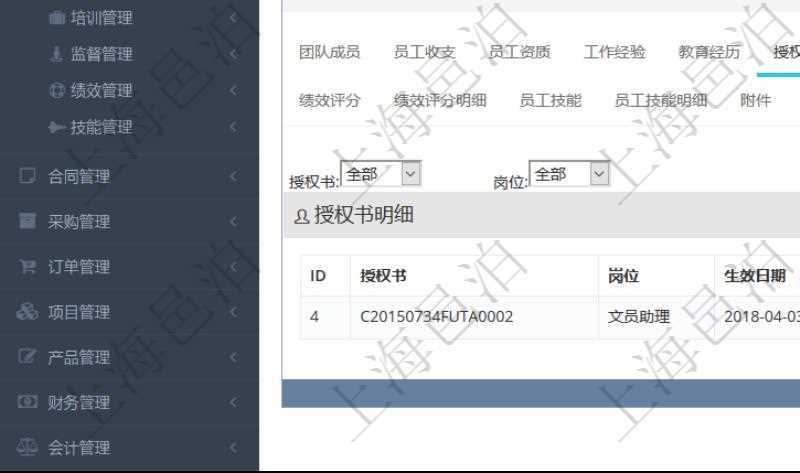 項目管理軟件人力資源管理模塊員工基本信息資料明細查詢還可以關聯查詢更多相關資料,比如授權書:授權書、人員、崗位、生效日期、終止日期及授權內容等。