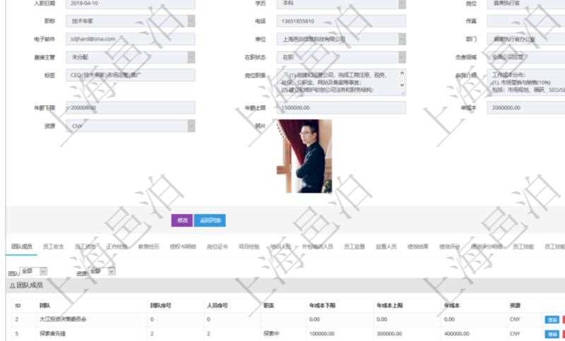 項目管理軟件人力資源管理模塊員工基本信息資料明細查詢還可以關聯查詢更多相關資料,比如團隊成員子頁面可以返回員工在不同團隊的信息,比如:團隊名稱、團隊序號、人員序號、職責、年成本下限、年成本上限、年成本、貨幣單位資源等。