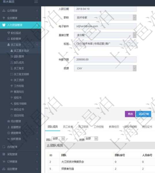 項目管理軟件人力資源管理模塊員工基本信息資料明細查詢還可以關聯查詢更多相關資料,比如團隊成員子頁面可以返回員工在不同團隊的信息,比如:團隊名稱、團隊序號、人員序號、職責、年成本下限、年成本上限、年成本、貨幣單位資源等。