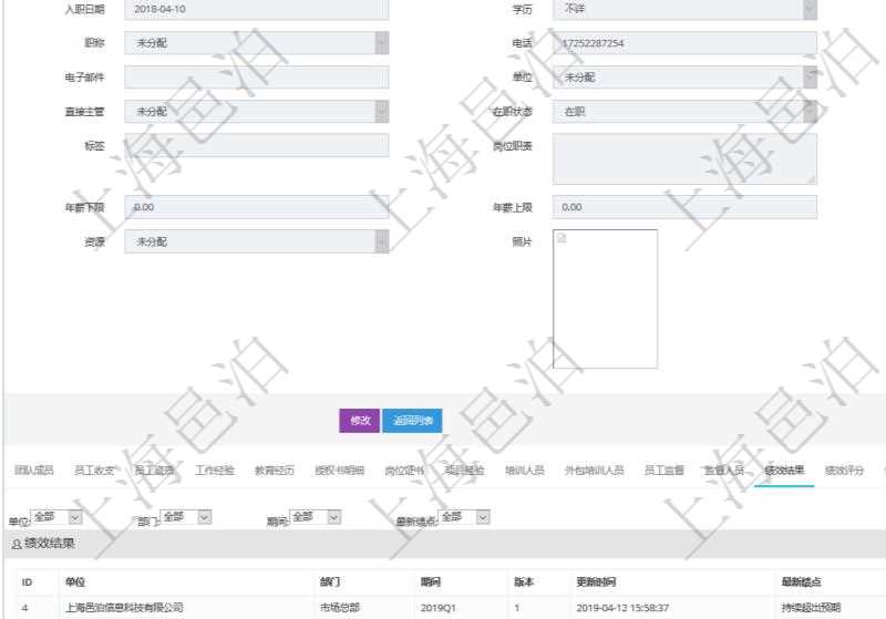 項目管理軟件人力資源管理模塊員工基本信息資料明細查詢還可以關聯查詢更多相關資料,比如績效結果:單位、部門、期間、版本、更新時間、最新績點、最新原始績點、備注等。