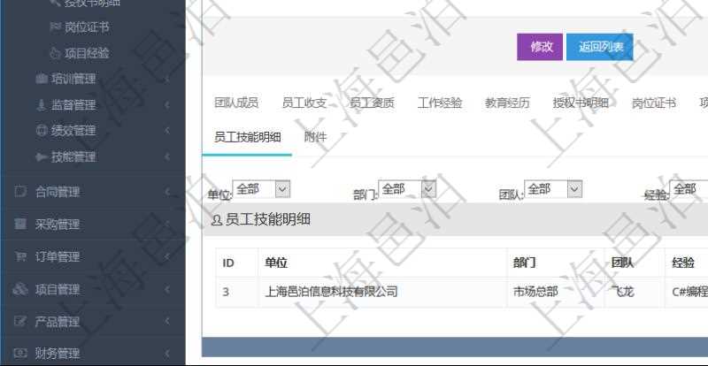 項目管理軟件人力資源管理模塊員工基本信息資料明細查詢還可以關聯查詢更多相關資料,比如員工技能明細:單位、部門、團隊、經驗、日志時間、月數、項目、任務、備注等。