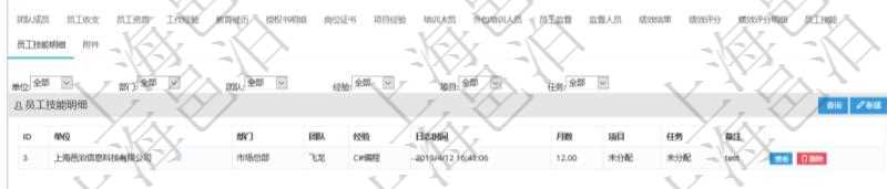項目管理軟件人力資源管理模塊員工基本信息資料明細查詢還可以關聯查詢更多相關資料,比如員工技能明細:單位、部門、團隊、經驗、日志時間、月數、項目、任務、備注等。