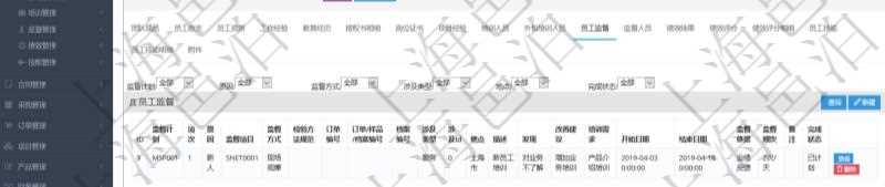 項目管理軟件人力資源管理模塊員工基本信息資料明細查詢還可以關聯查詢更多相關資料,比如監督計劃、項次、原因、監督項目、監督方式、檢驗方法規范、訂單編號、訂單樣品檔案編號、檔案編號、設計類型、涉及ID、地點、描述、發現、改善建議、培訓需求、監督員、開始日期、結束日期、監督依據、監督頻次、備注及完成狀態等。