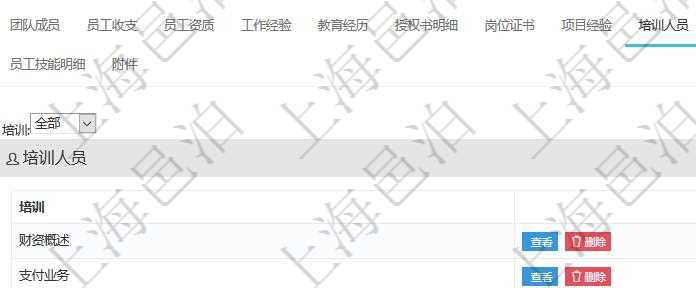 項目管理軟件人力資源管理模塊員工基本信息資料明細查詢還可以關聯查詢更多相關資料,比如參加過的培訓。