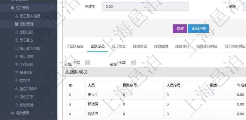 項目管理軟件人力資源管理系統可以通過團隊明細子頁面查詢得到該團隊的團隊成員信息,比如:人員姓名、團隊序號、人員序號、職責、年成本下限、年成本上限、年成本、貨幣單位資源。