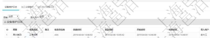 在項目管理軟件MES生產制造管理系統查看設備維護信息時返回設備信息:單位、部門、團隊、工廠、資產、名稱、描述、設備類型、創建時間、創建者、擁有者、操作員、是否可用標志、使用中標志、地區、地址、日加工能力、加工能力單位、計件設備成本、計時設備成本、資源、貨幣單位、保養周期、保養預警、上次保養日期。同時返回關聯的設備維護日志:保養描述、備注、保養供應商、創建時間、保養時間、開始時間、結束時間及錄入用戶。