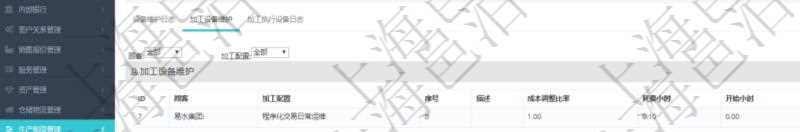 在項目管理軟件MES生產制造管理系統查看設備維護信息時返回設備信息。同時返回關聯的加工設備維護信息:加工配置、序號、描述、成本調整比率、耗費小時、開始小時。