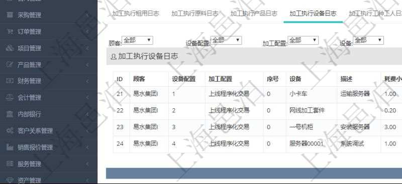 在項目管理軟件MES生產制造管理系統查詢加工執行日志信息時,還返回了關聯的加工執行設備日志:設備配置、加工配置、序號、設備、描述、耗費小時、開始時間、結束時間、計件設備成本、計時設備成本、資源、貨幣單位、總成本。