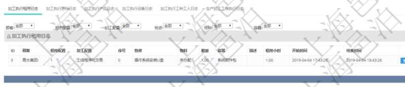 在項目管理軟件MES生產制造管理系統查詢加工執行日志信息時,還返回了關聯的加工執行租用日志:租用配置、加工配置、序號、物資、物料、數量、容器、描述、租用小時、開始時間、結束時間。