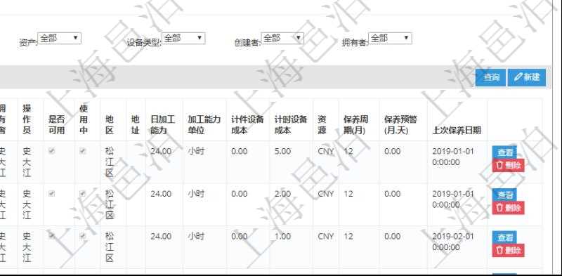 在項目管理軟件MES生產制造管理系統查看工廠信息時除了返回工廠信息,同時返回關聯的設備明細列表:單位、部門、團隊、工廠、資產、名稱、描述、設備類型、創建時間、創建者、擁有者、操作員、是否可用標志、使用中標志、地區、地址、日加工能力、加工能力單位、計件設備成本、計時設備成本、資源、貨幣單位、保養周期、保養預警、上次保養日期。