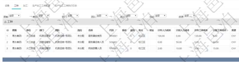 在項目管理軟件MES生產制造管理系統查看工廠信息時除了返回工廠信息,同時返回關聯的工種信息:單位、部門、團隊、崗位、名稱、代碼、描述、級別、地點、地址、計件人力成本呢、計時人力成本、計件工種成本、計時工種成本、資源、貨幣單位。