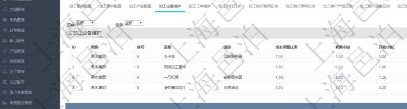 在項目管理軟件MES生產制造管理系統查詢加工明細信息時,還返回了關聯的加工設備配置:序號、設備、描述、成本調整比率、耗費小時、開始小時。