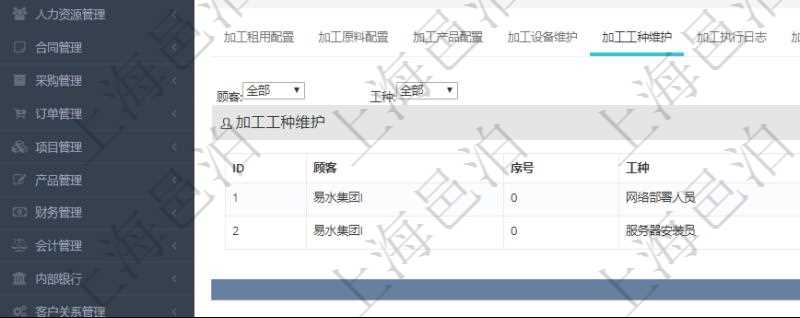 在項目管理軟件MES生產制造管理系統查詢加工明細信息時,還返回了關聯的加工工種維護:序號、工種、工時調整比率、描述。