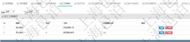 在項目管理軟件MES生產制造管理系統查詢加工明細信息時,還返回了關聯的加工工種維護:序號、工種、工時調整比率、描述。