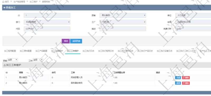 在項目管理軟件MES生產制造管理系統查詢加工明細信息時,還返回了關聯的加工工種維護:序號、工種、工時調整比率、描述。
