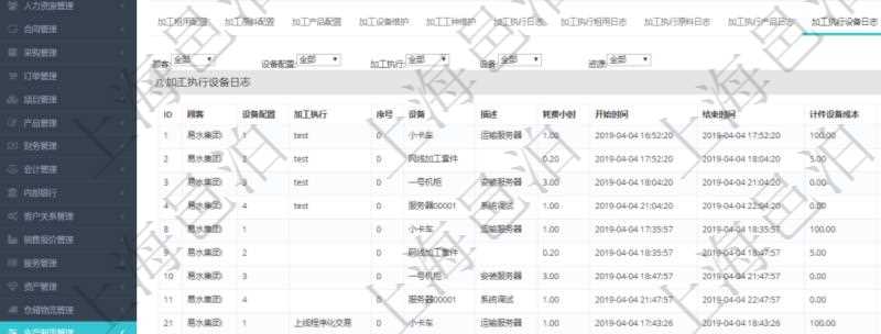 在項目管理軟件MES生產制造管理系統查詢加工明細信息時,還返回了關聯的加工執行設備日志:設備配置、加工執行、序號、設備、描述、耗費小時、開始時間、結束時間、計件設備成本、計時設備成本、資源、貨幣單位、總成本。