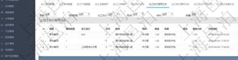 在項目管理軟件MES生產制造管理系統查詢加工明細信息時,還返回了關聯的加工執行租用日志:租用配置、加工執行、序號、物資、物料、數量、容器、描述、租用小時、開始時間、結束時間。