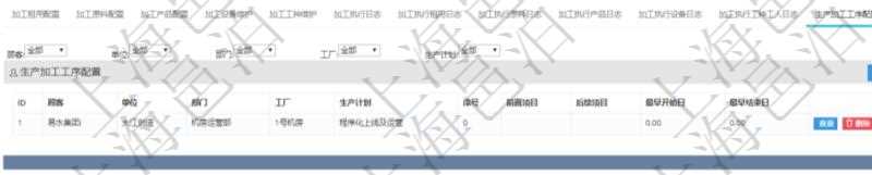 在項目管理軟件MES生產制造管理系統查詢加工明細信息時,還返回了關聯的生產加工工序配置:單位、部門、工廠、生產計劃、序號、前置項目、后續項目、最早開始日、最早結束日。