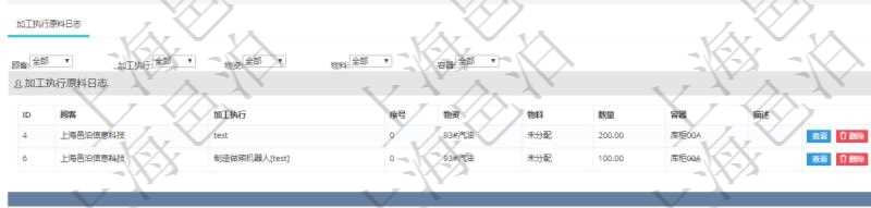 在項目管理軟件MES生產制造管理系統查詢加工原料配置信息時,還返回了關聯的加工執行原料日志:加工執行、序號、物資、物料、數量、容器、描述。
