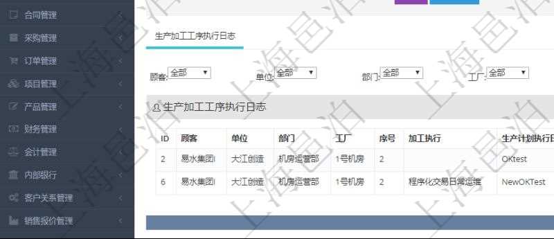 在項目管理軟件MES生產制造管理系統中查詢生產加工工序配置還會返回生產加工工序執行日志明細:單位、部門、工廠、序號、加工執行、生產計劃執行日志、前置加工執行、后續加工執行、開始時間、結束時間、生產狀態、生產描述。