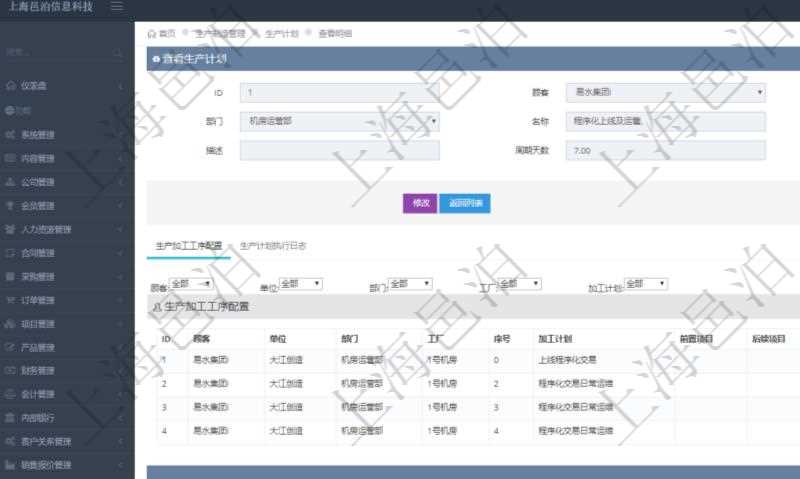 在項目管理軟件MES生產制造管理系統中查詢生產計劃明細返回單位、部門、名稱、代碼、描述、周期天數。同時還會返回生產加工工序配置明細:單位、部門、工廠、序號、加工計劃、前置項目、后續項目、最早開始日、最早結束日。