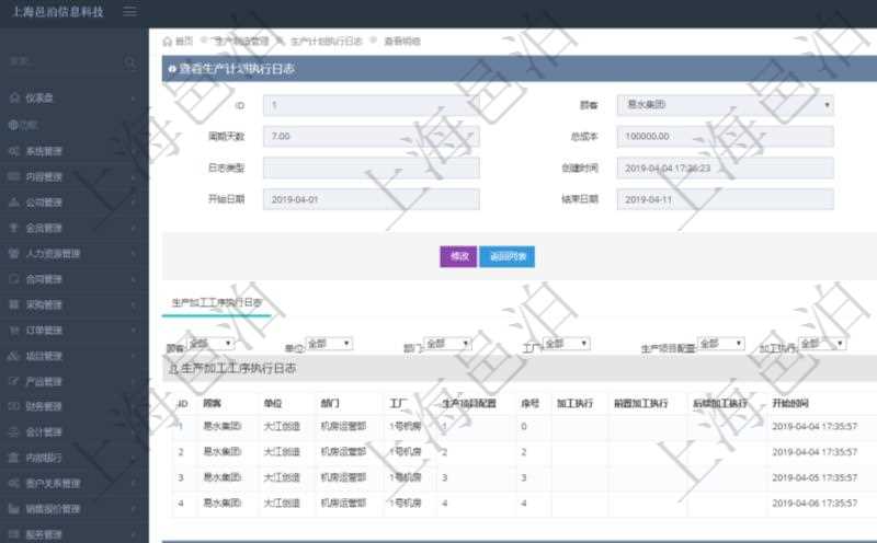 在項目管理軟件MES生產制造管理系統中查詢生產計劃執行日志明細信息還會返回生產加工工序執行日志明細:單位、部門、工廠、生產項目配置、序號、加工執行、前置加工執行、后續加工執行、開始時間、結束時間、生產狀態、生產描述。