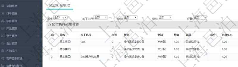 在項目管理軟件MES生產制造管理系統查詢加工租用配置信息時,還返回了關聯的加工執行租用日志:加工執行、序號、物資、物料、數量、容器、描述、租用小時、開始時間、結束時間。