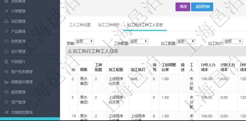 在項目管理軟件MES生產制造管理系統查詢工種明細信息的時候,還會返回關聯的加工執行工種工人日志:工種配置、加工配置、加工執行、序號、工時調整比率、描述、工人、計件人力成本、計時人力成本、計件工種成本、資源、貨幣單位、工時、備注、日志類型、創建時間、記錄時間、開始時間、結束時間、錄入用戶、總成本。