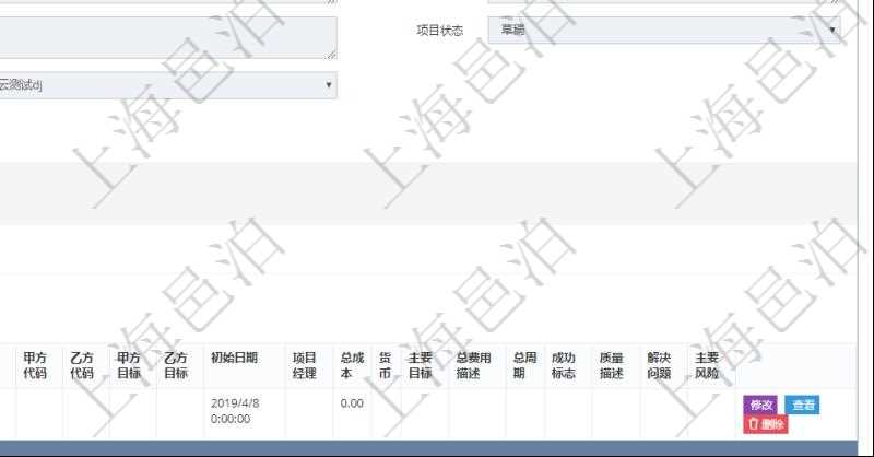 在項目管理軟件項目管理系統中,查詢項目維護信息返回:父項目、項目名稱、描述、項目擁有者、項目書、預計開始、預計結束、版本、項目編號、甲方名稱、乙方名稱、甲方代碼、乙方代碼、甲方目標、初始日期、項目經理、總成本、貨幣單位、主要目標、總費用描述、總周期、成功標志、質量描述、解決問題、主要風險、項目狀態、創建時間、創建者及項目文章內容。