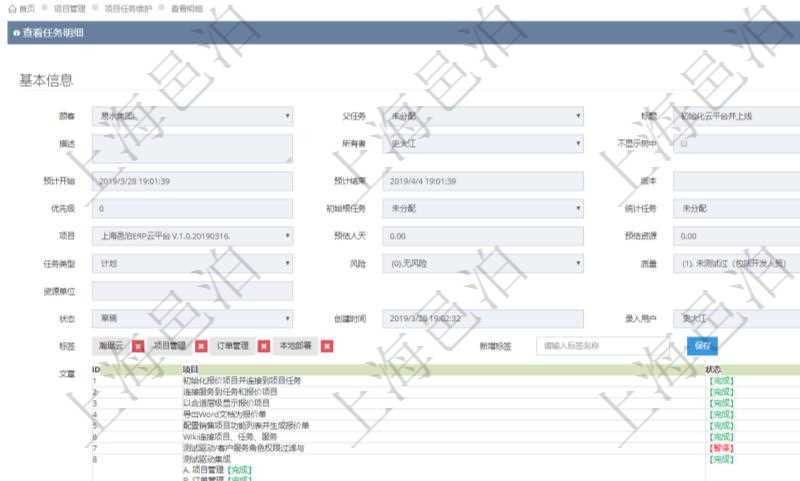 在項目管理軟件項目管理系統中,查詢任務信息返回:父任務、任務標題、描述、所有者、是否顯示在任務樹、預計開始、預計結束、版本、優先級、初始根任務、統計任務、項目、預估人天、預估資源、任務類型、任務風險、任務質量、資源單位、任務狀態、創建時間、錄入用戶。同時還包括任務標簽及任務描述文章。