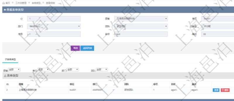 在項目管理軟件工作流管理系統查詢表單類型明細除了返回基本配置字段外,還會返回關聯的子表單類型信息:單位、部門、團隊、序號、名稱、描述。